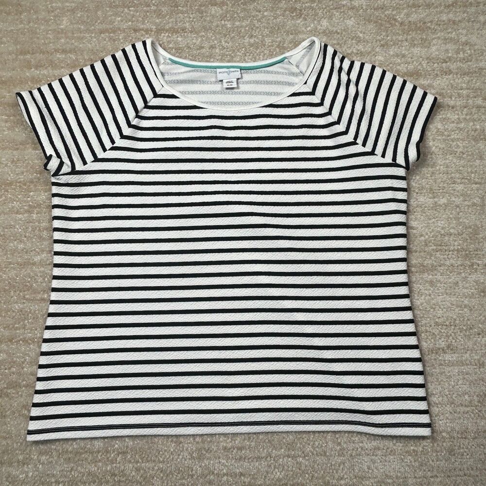 Jaclyn Smith Womens XL White Black Striped Stretch Knit Tee Top Shirt Casual